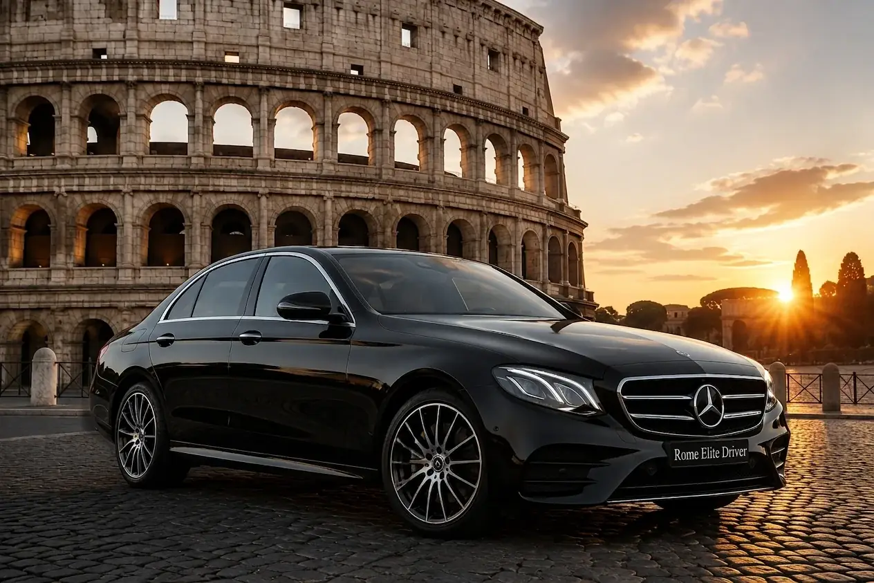 Carro com motorista da Rome Elite Driver em frente ao Coliseu, ao pôr do sol